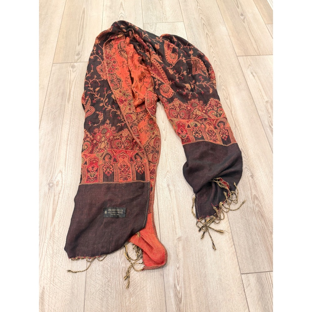 Pashmina Firenze Italy Cashmere Silk Scarf Paisley Floral Burgundy Orange Fringe